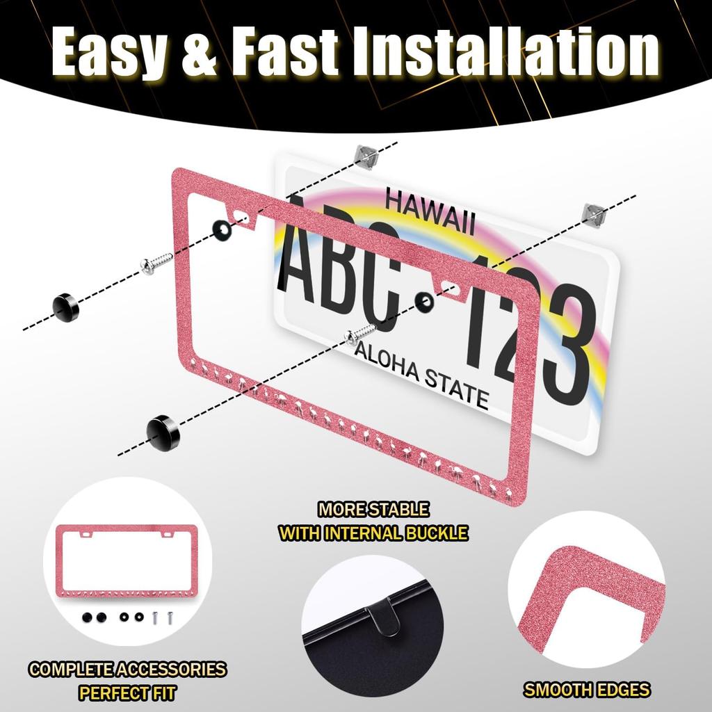 Pink Flamingo License Plate Frame Beautiful Glitter Animal License Plate Holder For Car Decorative Stainless Steel Colorful License Plate Flamingos