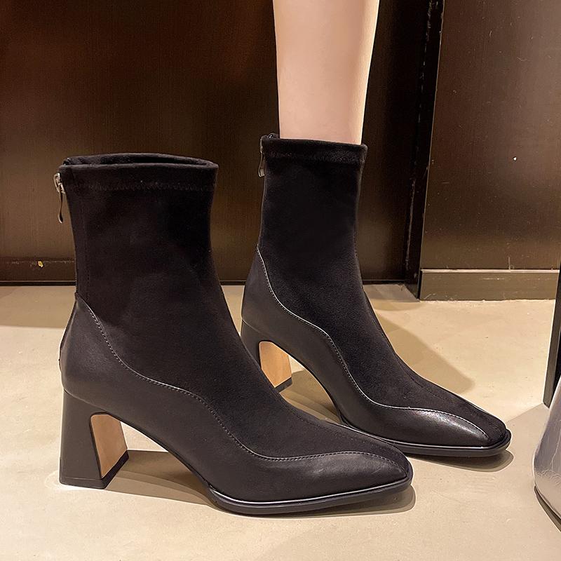 Fashion Back Zipper Skinny Boots for Women Fashionable Thick Heel Square Toe Stitching Suede Non-slip Wear-resistant Short Boots
