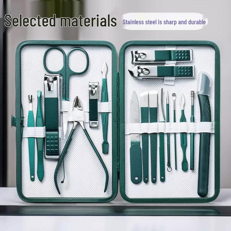 18-Piece Dark Green Manicure Set: Portable Nail Clippers & Scissors