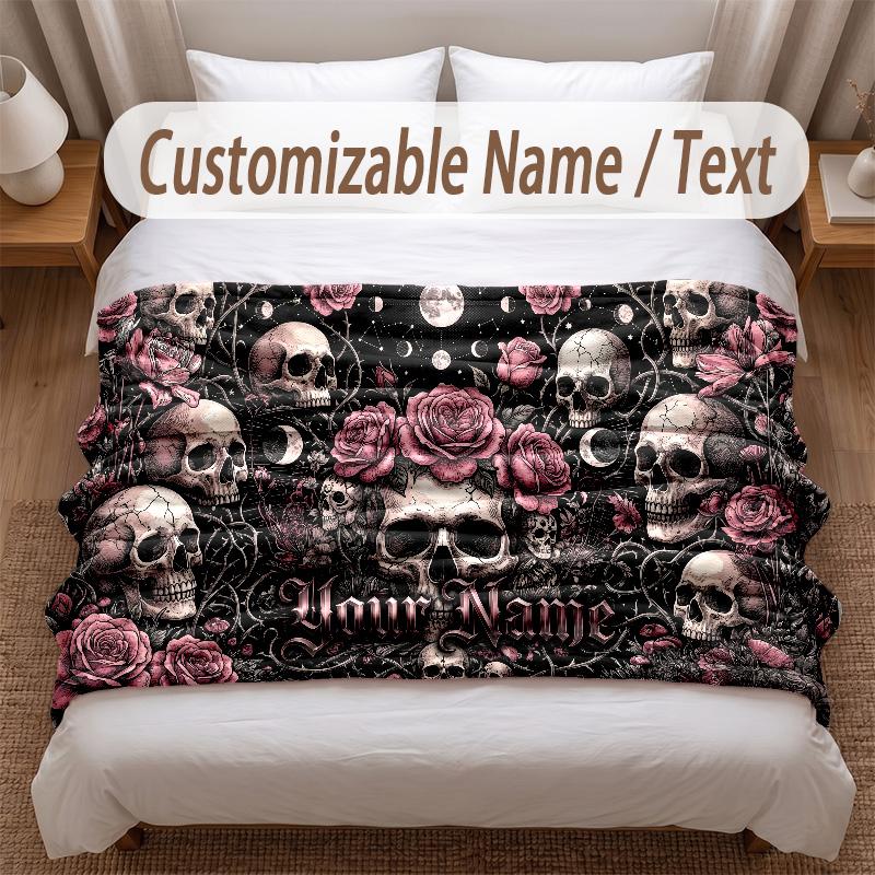 Skull Gothic Theme Soft Blanket Personalized Custom Name Text Print Warm Blanket Home Sofa Bedroom Decor