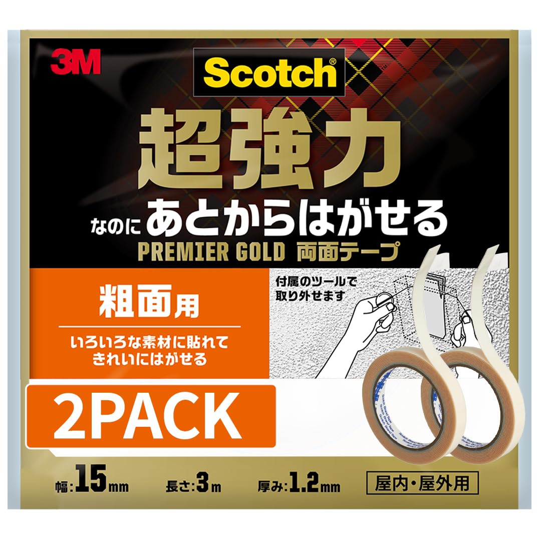 

3M Super для шероховатого Scotch Premier 15 мм 3 м Набор из 2 рулонов Двусторонняя лента, Прочная, Съемная, Поверхности, Золотая, Широкая, Длинная, (SRR-15-2P)