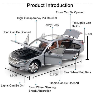 1:24 507 760LI Sports Car Model Toy Music Light Shock Absorption Metal Body Rubber Tires Vehicles Models Home Decor Decoration