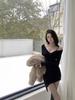 Black Collar Dew Temperament Suspender New Thin Irregular Short Skirt Long Sleeve Spice Girl Bottoming Waist Skirt Dress