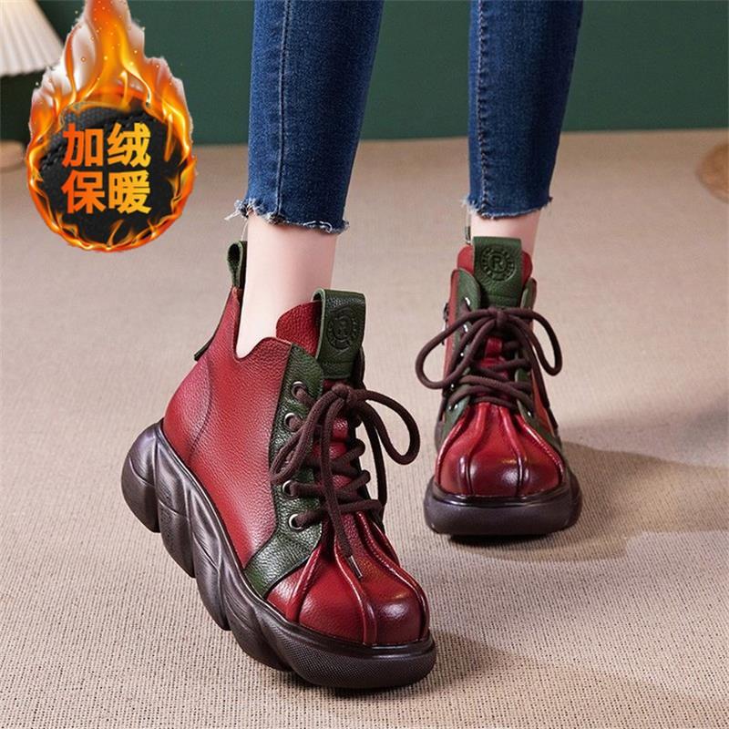 

Retro soft leather platform single boots women 2024 autumn and winter new color matching short tube comfortable Martin boots ethnic style women shoes 40