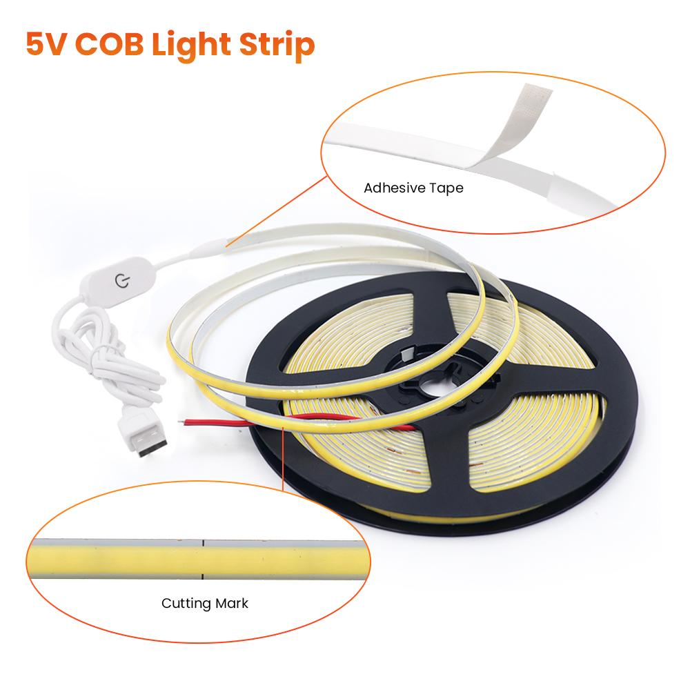 Dimmable FOB COB LED Strip 5V USB 320LEDs/m High Density Led Tape Light Bar 5mm Width RA 90 3000-6500K Ribbon Linear Lighting