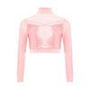 Dziewczęcy Crop Top do Tańca Jazzowego z Wysokim Dekoltem i Długim Rękawem, Przezroczysta Siateczka, Patchwork, Błyszczące Płatki, Kostium na Występ