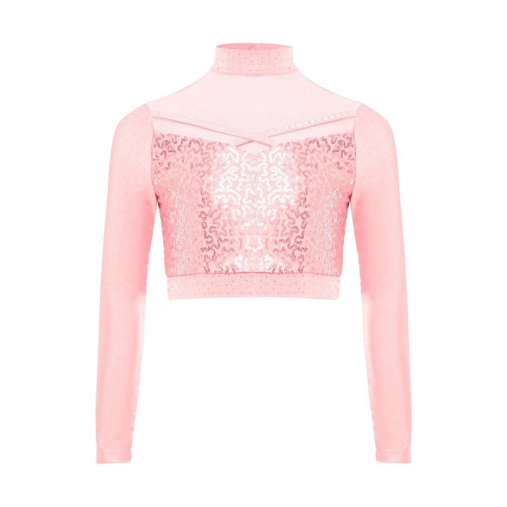 Dziewczęcy Crop Top do Tańca Jazzowego z Wysokim Dekoltem i Długim Rękawem, Przezroczysta Siateczka, Patchwork, Błyszczące Płatki, Kostium na Występ
