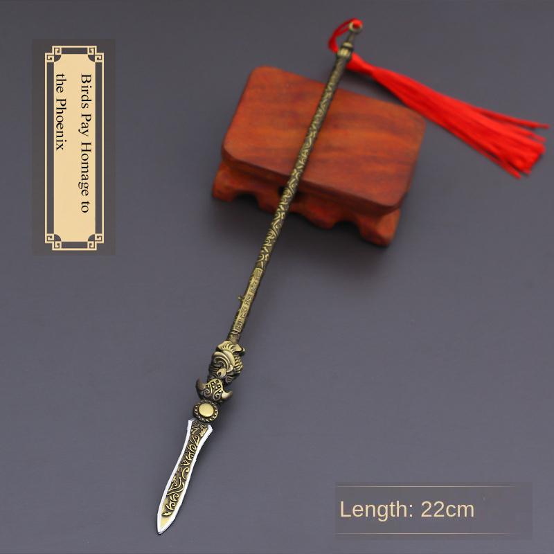 22cm Gold Spear Full Metal Lance Ancient Cold Weapon Model Ornament Toys for Men Boy Child Replica Miniatures With Fringe