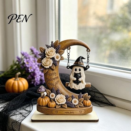 Novelty Ghost Swing Crafts Halloween Moon Figurine, Reading On with Floral Natural Wood Spooky Decor Pumpkin Accents, Wooden Bookshelf for Desk Mantel