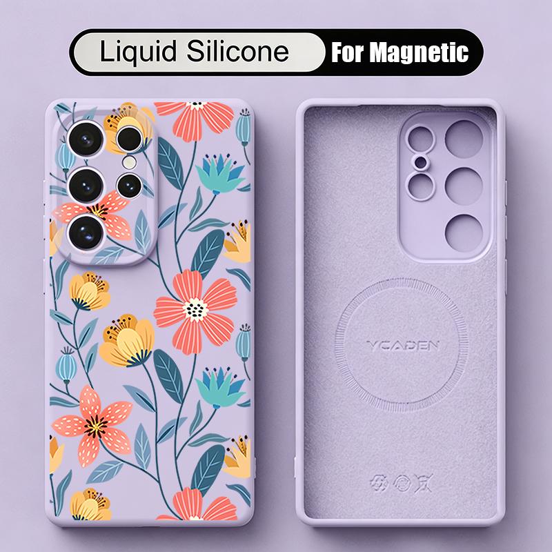 White Flowers Print Case For Samsung Galaxy S26 S25 Ultra S24 Plus S23 S22 Ultra Magnetic For Magsafe Liquid Silicone Cover
