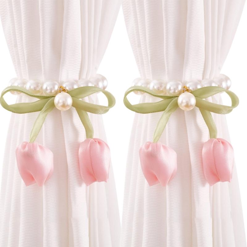 2Pcs Magnetic Clasp Curtain Holdbacks Tulips Bowknot Pearls Beads Window Drape Tiebacks for Living Room Bedroom Decors