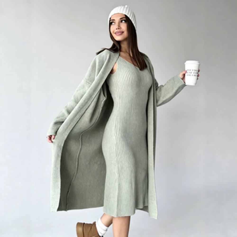 Knitted Suspender Dress European and American New Fashion Casual Cardigan Jacket Long Two-piece Hip Skirt Women