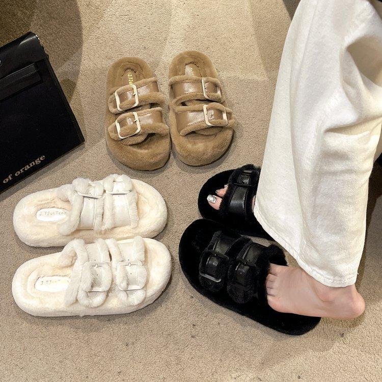 Buckle White Thick-soled Fluffy Slippers Women's Shoes Wear New Internet Celebrity Warm Muffin One-word Plush Cotton Mop