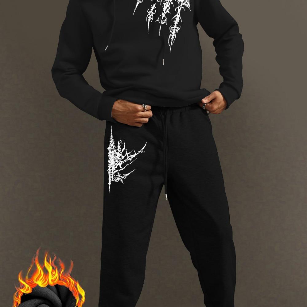 Herren modische Sportbekleidung mit Kapuze, lässiges Set, normale Passform, bedrucktes Design, mit Taschen