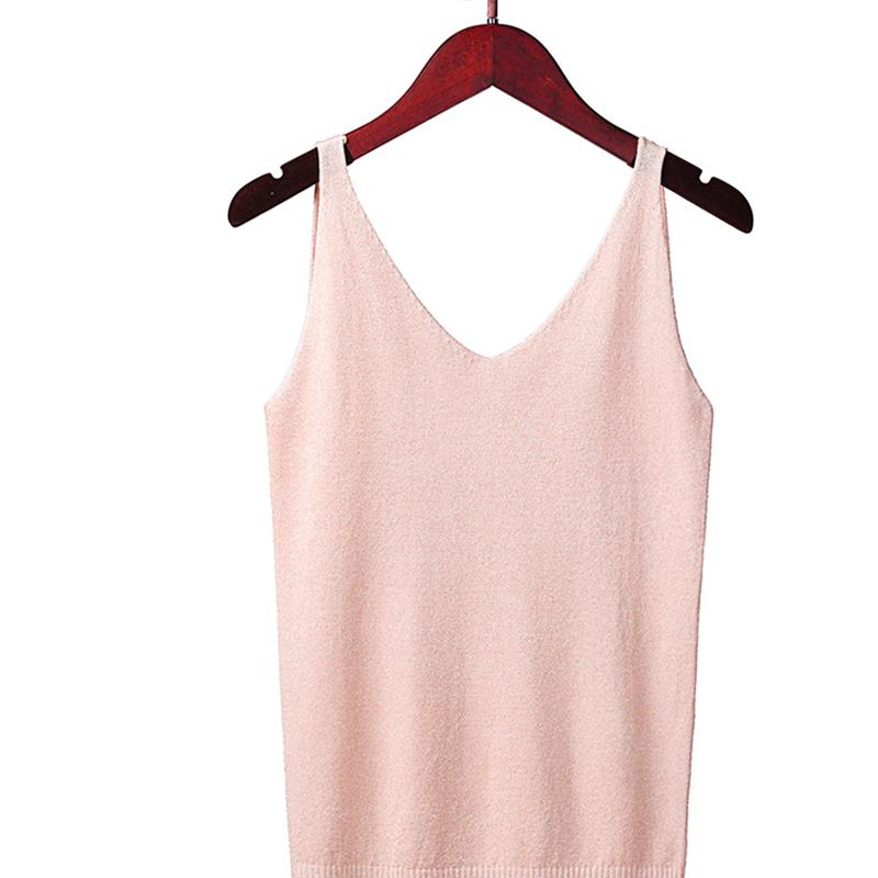 Women Summer Sexy Slim V-Neck Bright Silk Knitted Sleeveless Vest Top T-Shirt Basic Trend