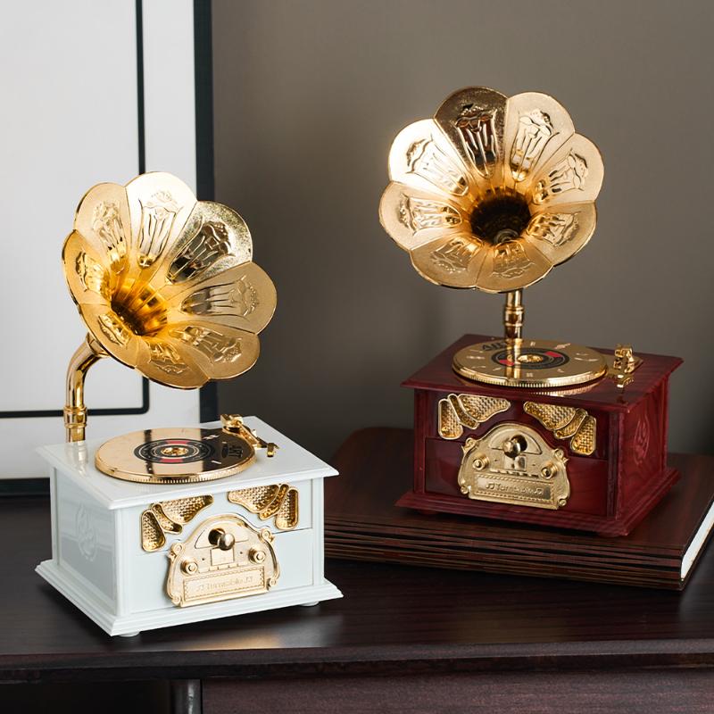 Luxuriöse Heimornamente Vintage Antik Holz Metall Grammophon Spieluhr für Heim Desktop Dekoration Spieluhr Ornament Geschenke