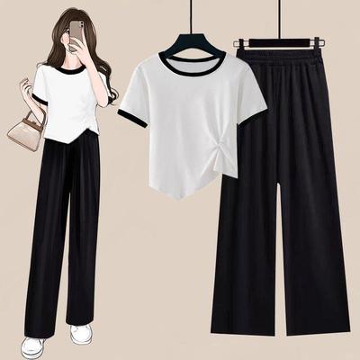 Korean Color Block T-shirt & Wide-Leg Pants Set