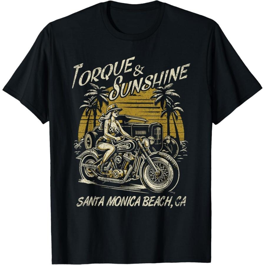 Santa Monica Beach California Motorcycle Hotrod Design T-Shirt S