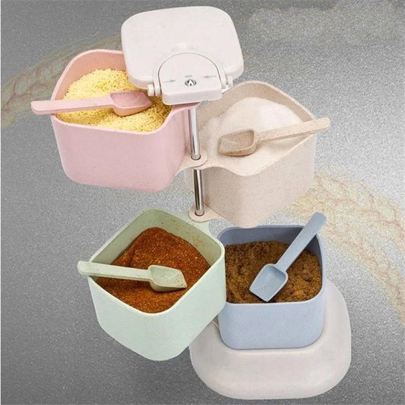 Kitchen Solid Seasoning Box Wheat Straw Four Grids Can Be Rotated Vertical with Spoon Seasoning Box