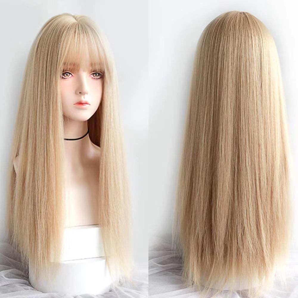 Women's Long Straight Blonde Wig, Heat Resistant Synthetic Hair Wig with Bangs for Daily Party