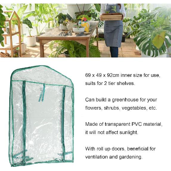 Greenhouse Replacement Cover with Roll Up Zipper Door, Clear PVC Mini Plant Cover for Gardening Plants 2 Tier Shelves 27x19x36in