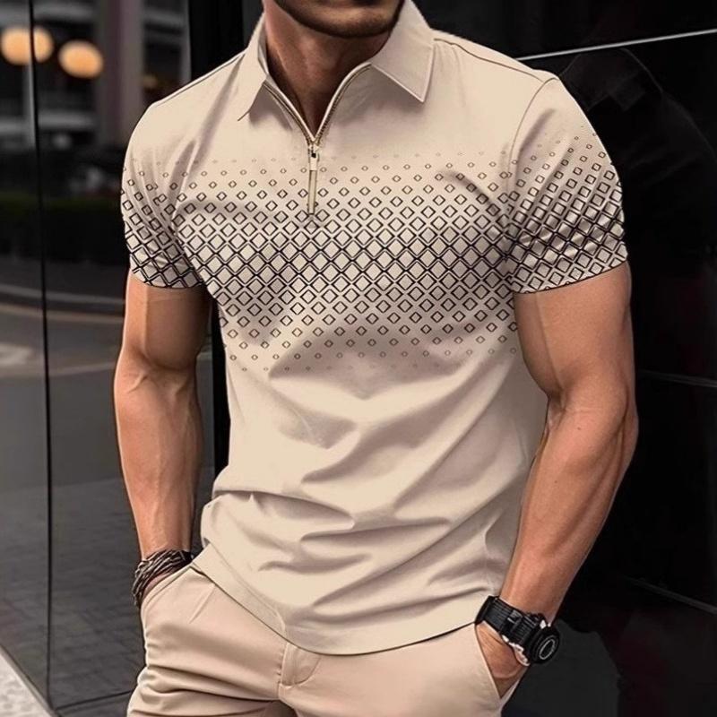 Summer New Men's Short Sleeved Lapel Polo Shirt Square Printed Zipper Casual