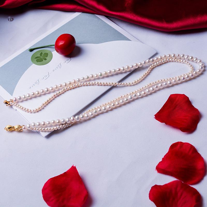 Double stacked pendant, natural freshwater pearl necklace, new Chinese temperament 11k gold injection frosted bow.