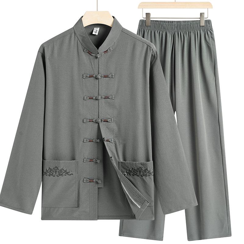 Autumn Solid Color Tang Suit for Middle-Aged & Elderly Men: Loose Fit, Large Size, Perfect for Morning Exercise & Daily Casual Wear