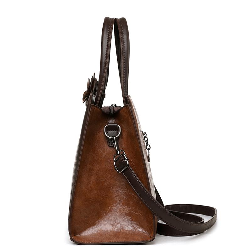 Elegant Faux Leather Tote Bag with Flower Decoration and Adjustable Shoulder Strap