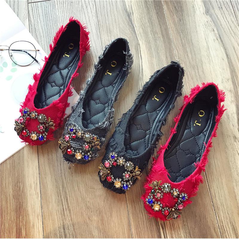 Autumn Fashionable All-match Rhinestone Square Buckle Square Toe Cloth Flat Heel Single Shoes Women's Soft Sole Moccasins