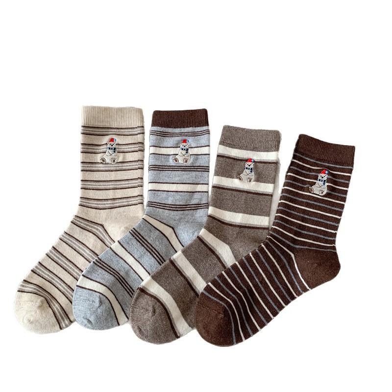 Winter Polar Bear Cashmere Socks Women'S Contrast Striped Vintage Mid-Leg Socks Warm And Versatile High Wool Socks