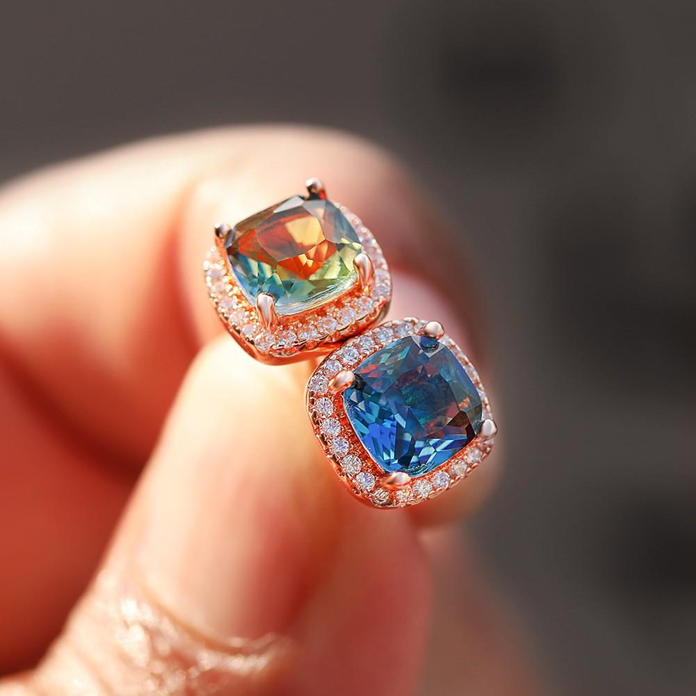 Popular Mini Square Group Set with Diamond Gradient Tourmaline Earrings and Ear Buckles