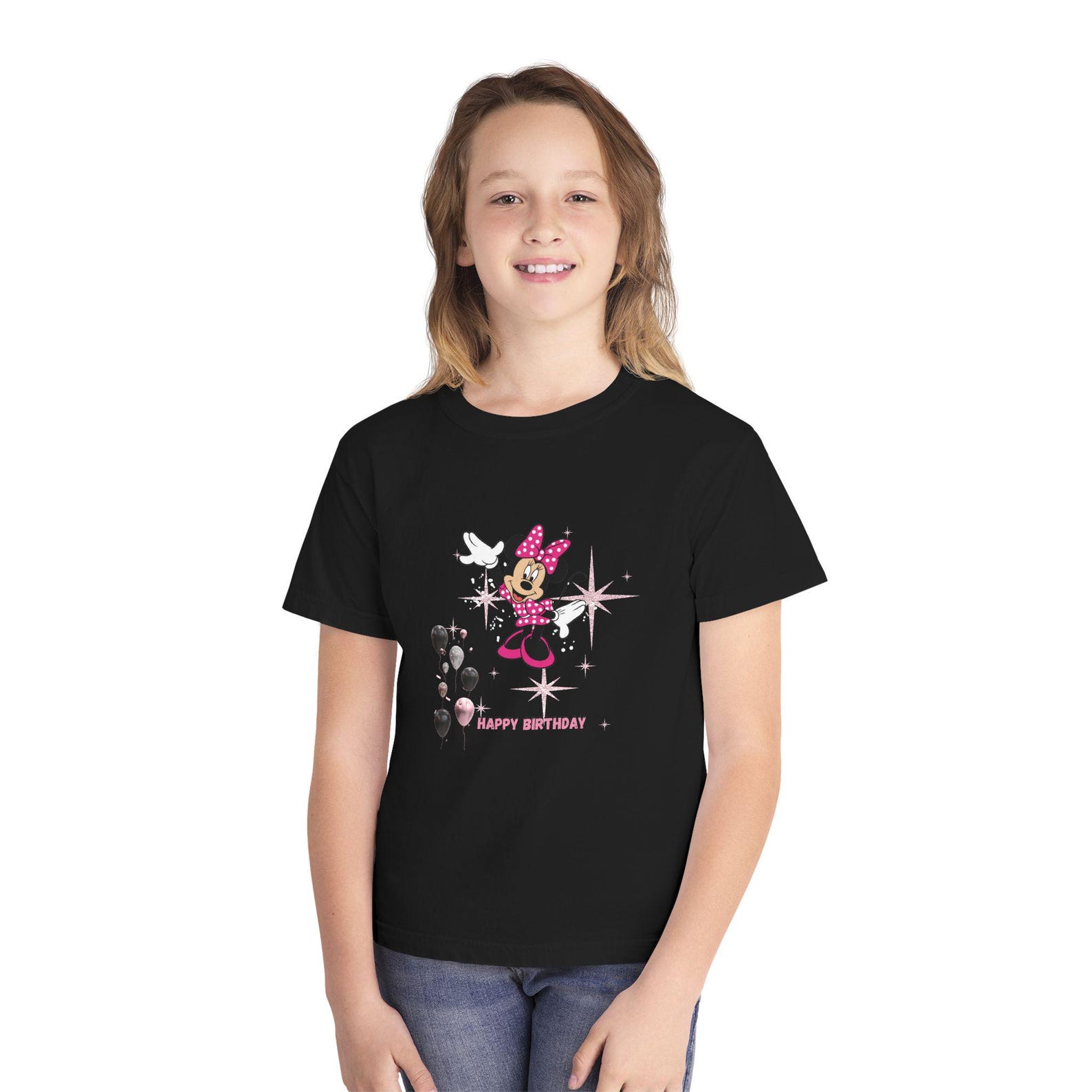 Minnie Mouse Birthday Youth Tee | Cute Cartoon, Balloons, Pink Polka Dot Bow 150