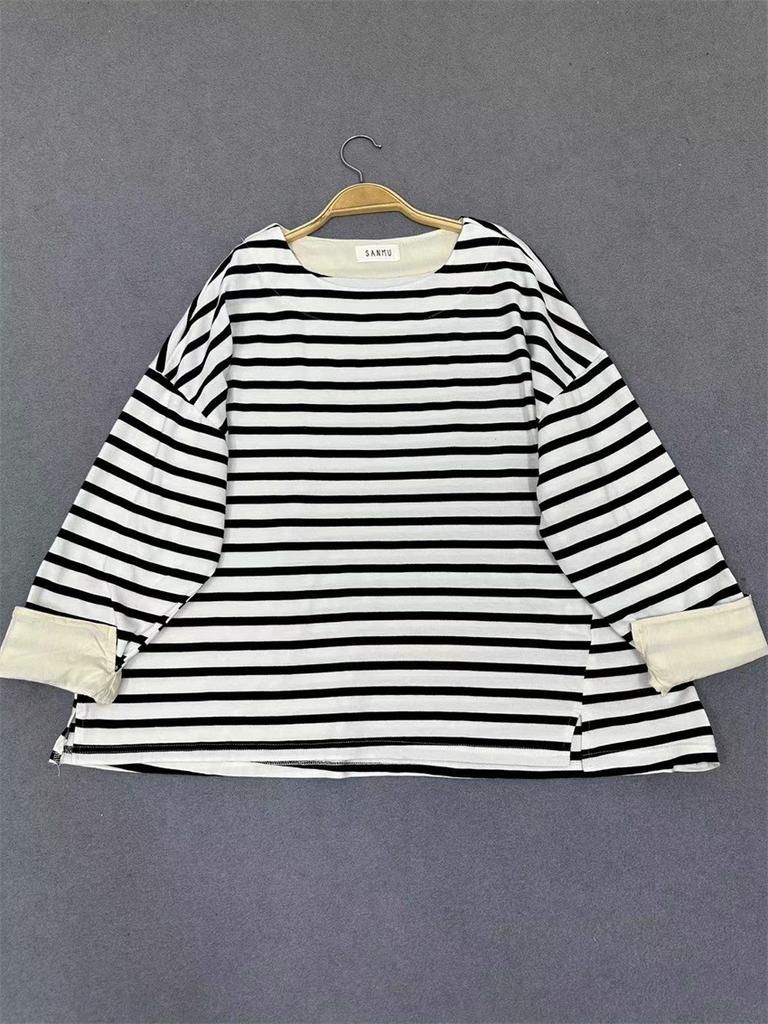 Johnature Japanese Casual Style Round Neck Striped Cotton Horizontal Loose T-shirt Women Patchwork Long-sleeved Tops