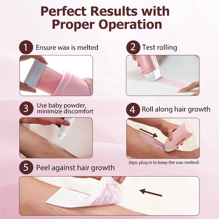 Waxing Kit for Women and Men, Wax Roller Waxing Kit for All Skin Types, Roll On Waxing Kit for Hair Removal, with Honey and Rose Wax
