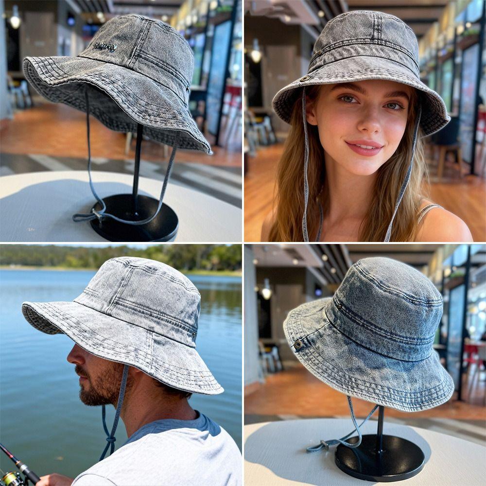 Tragbarer Sonnenschutz Denim Stoff Fischerhut Anti-UV Retro Fischerhut Atmungsaktiv Lässig Bergsteigerkappen Outdoor