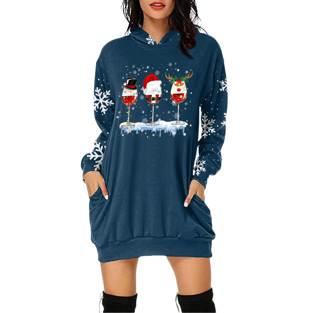 Damen Weihnachten Print Langarm Kapuzenpullover Kleid mit Tasche