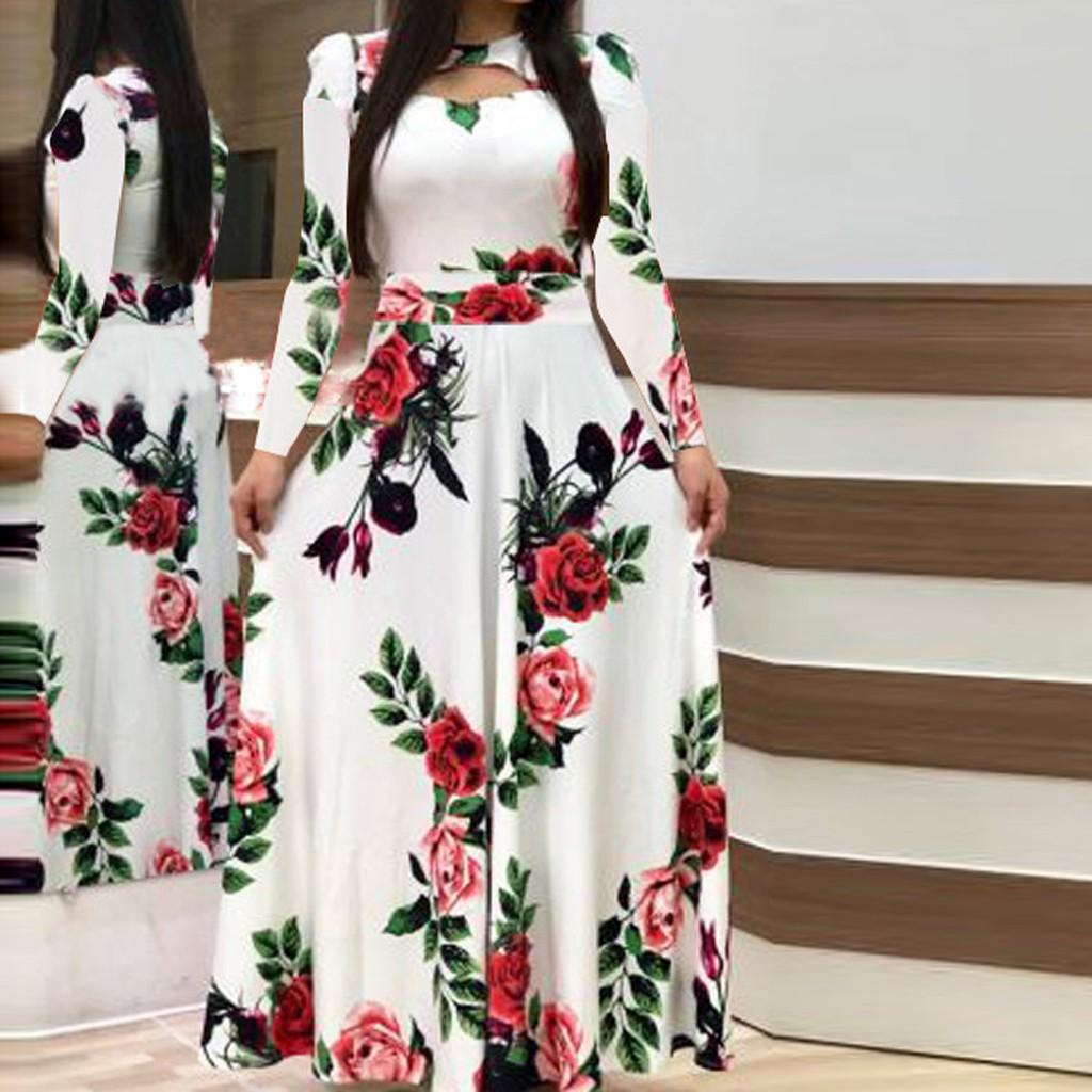 Fashion Women Long Sleeve Floral Boho Print Long Dress Ladies Casual Dress