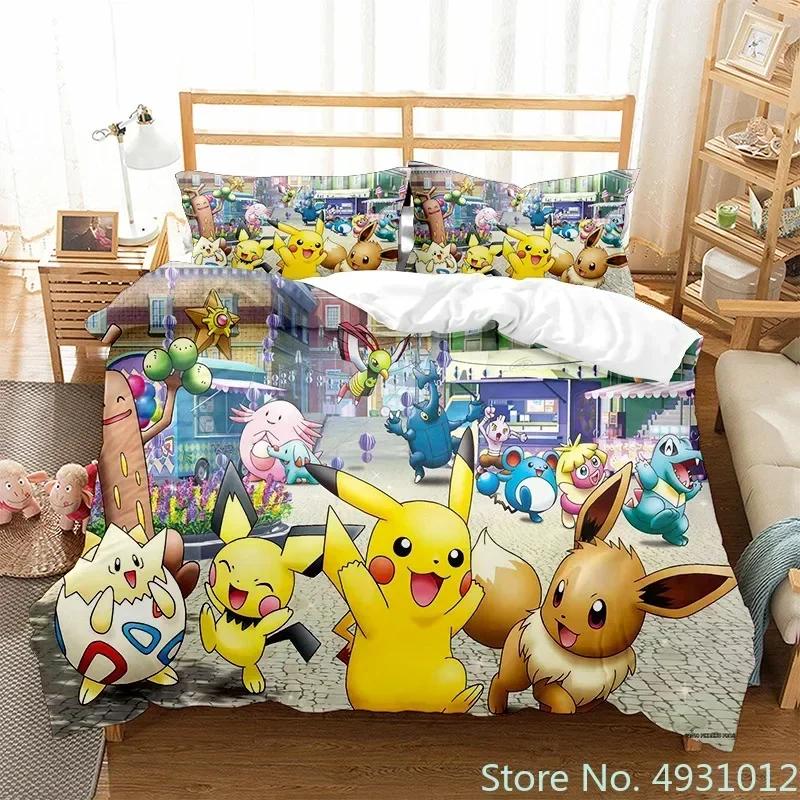 3D Anime Pikachu Bedding Set Duvet Cover Quilt Cover Pillowcase Double Queen King Size Baby Child Kids Bedroom Home Textile