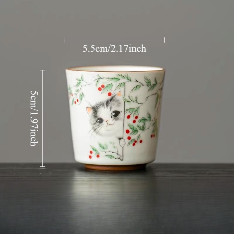 Ruyao Cat Tea Cup Chinese Style Master's Cup Household High-end Tea Cup Ceramic Kung Fu Tea Set Drinking Utensils Teacups