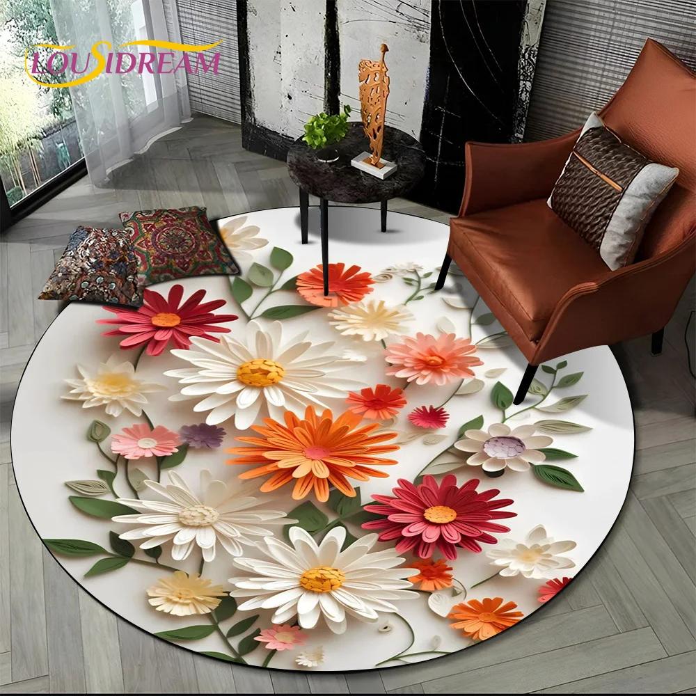 Dream Flower Art Daisy Rose Sunflower Cartoon Round Carpet Rug for Living Room Bedroom Kid Decor,Pet Area Rug Non-slip Floor Mat