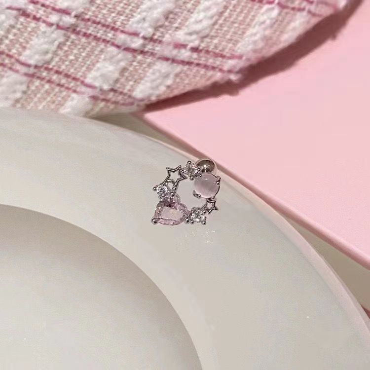 Sweet And Cool Pink Love Zircon Earbone Studs Sparkling Full Of Diamonds, Small Stars, Cat Studs, Niche Cochlear Studs, Earrings.