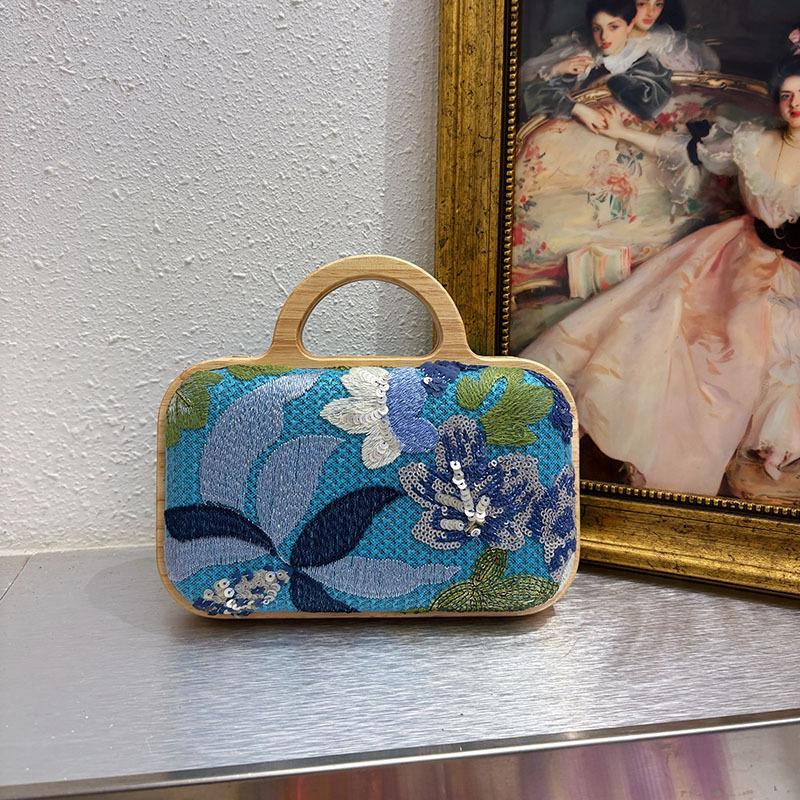 Embroidery Sequins Wooden Clip Box Bag Handbag Luxury Flower Applique Evening Bags for Women Party Clutch Shoulder Crossbody Bag