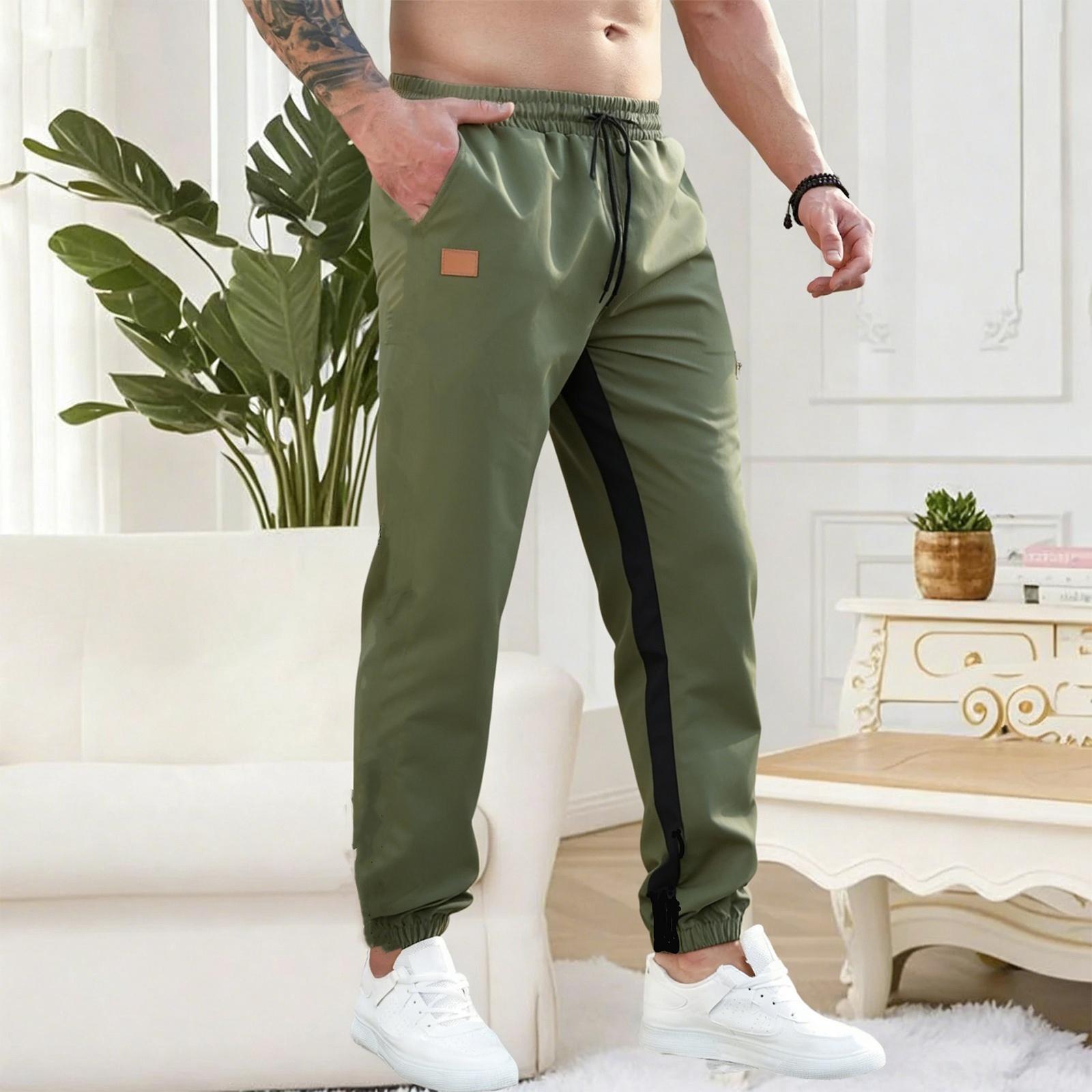 

Men s Loose Straight Color-block Leggings With Drawstring Cuffs L армия зеленый