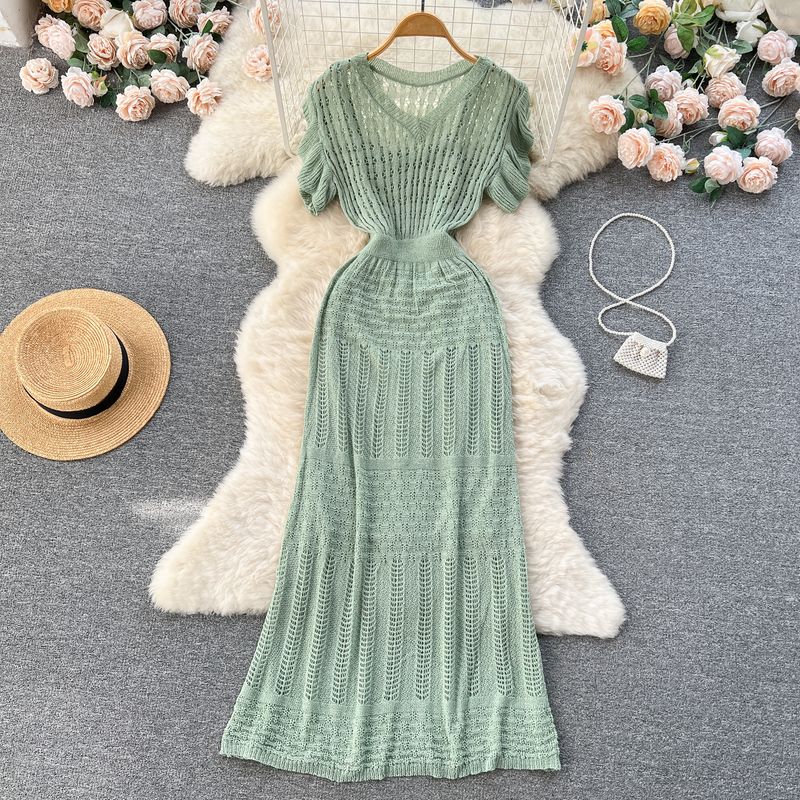 

Summer Ins V Neck Temperament Waist-Controlled Dress Short Sleeve Green All yards