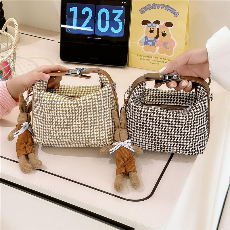 Simple Houndstooth Pattern Parent Child Shoulder Bag With Pendant For Kids Daily Use