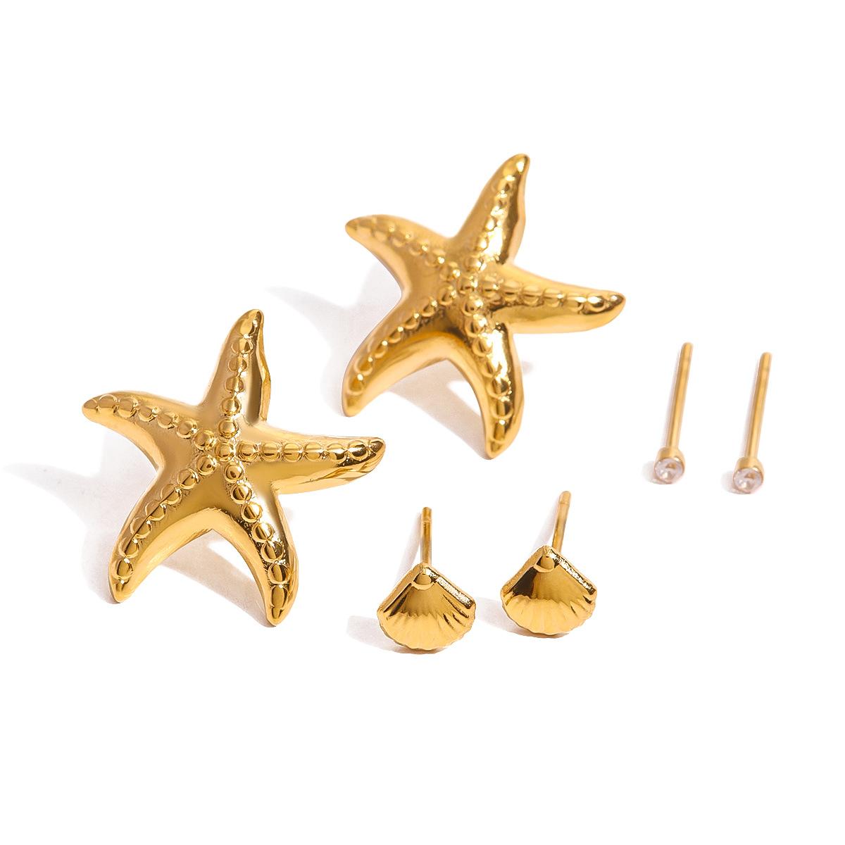 

3pcs/Set Ocean Style Shell Starfish Zirconia Summer Ear Studs for Women Stainless Steel Holiday Daily Jewelry золотистый