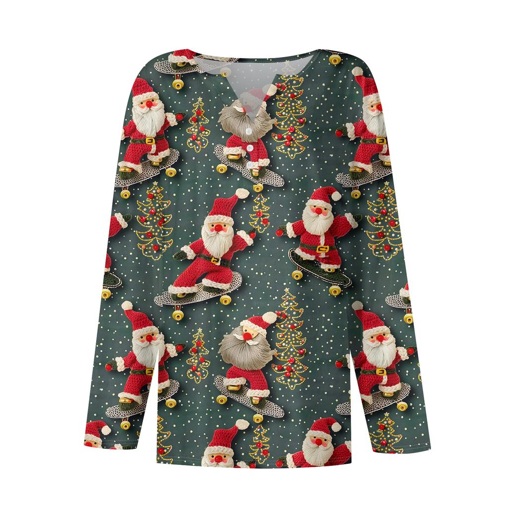 Women's Fashion Casual V-Neck Button-Up Long-Sleeve T-Shirt With Christmas Print Top