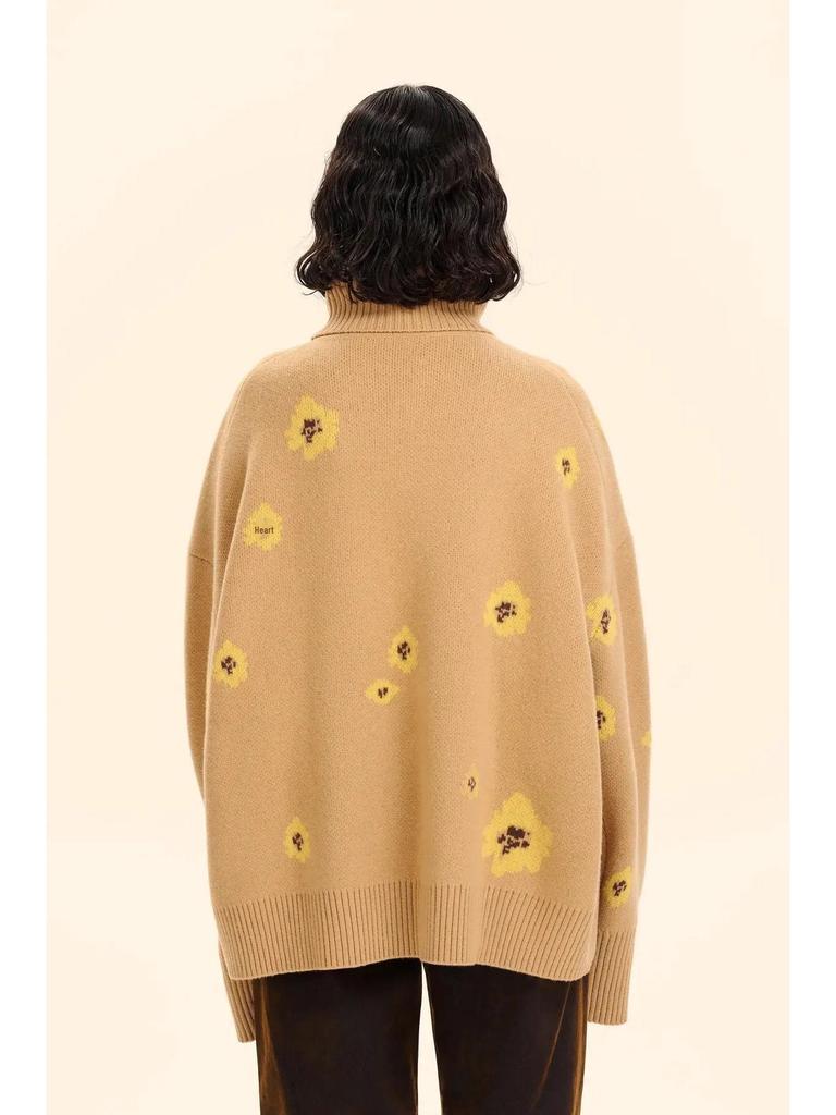 European & American High Neck Jacquard Flower Sweater - Loose Knit for Autumn/Winter.