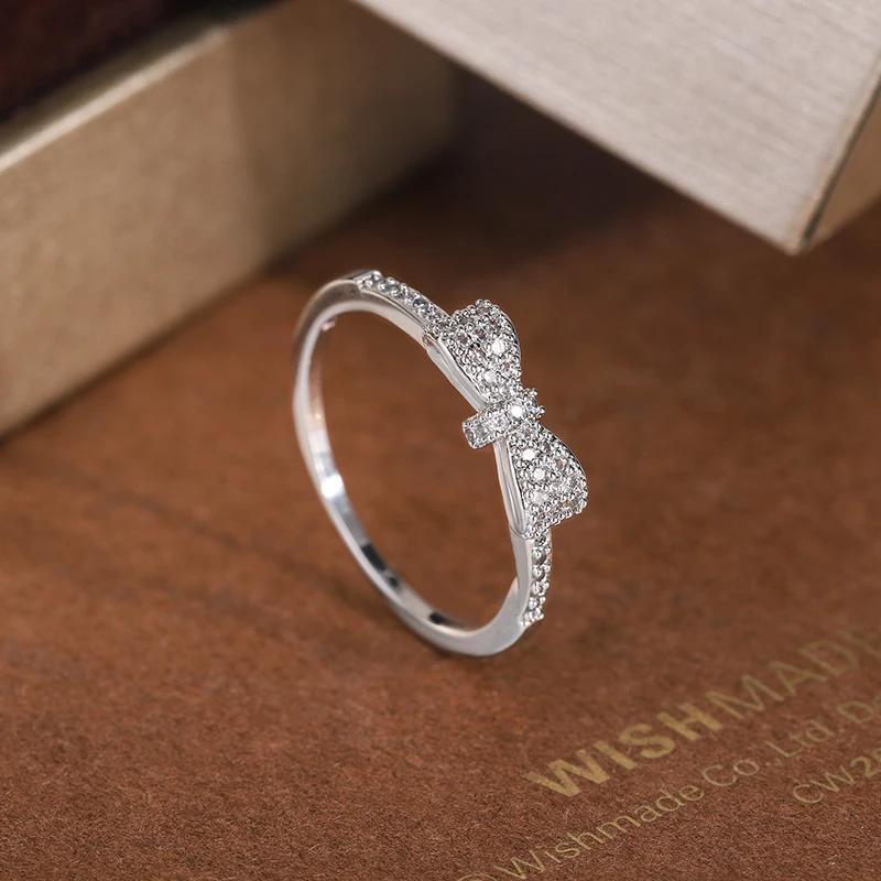 New Exquisite White Zirconia Bow Ring Sweet and Simple Party Birthday Gift 925 Stamp Fashion Jewelry Wedding Ring